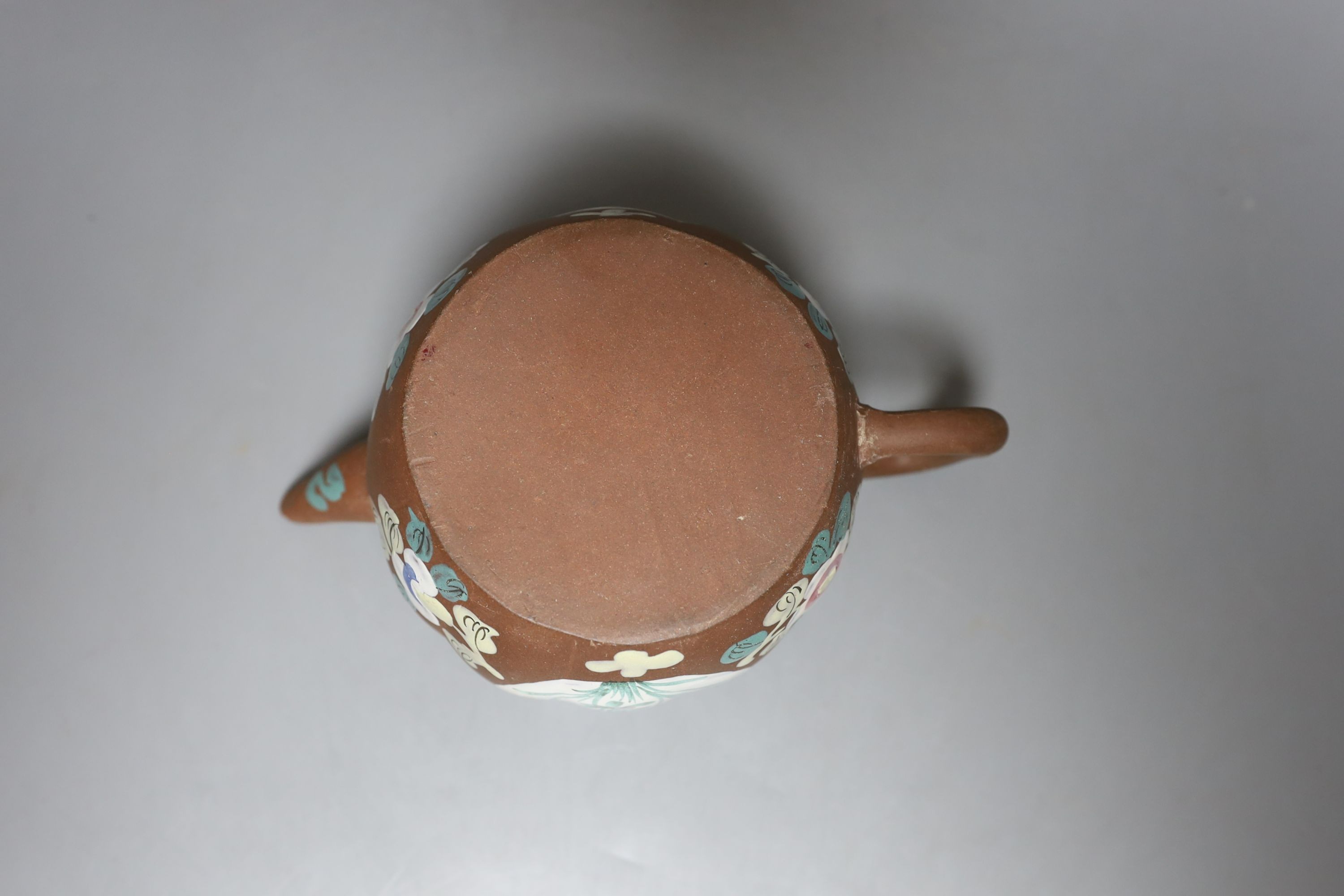 A Chinese Yixing enamelled teapot and cover - 12.5cm tall